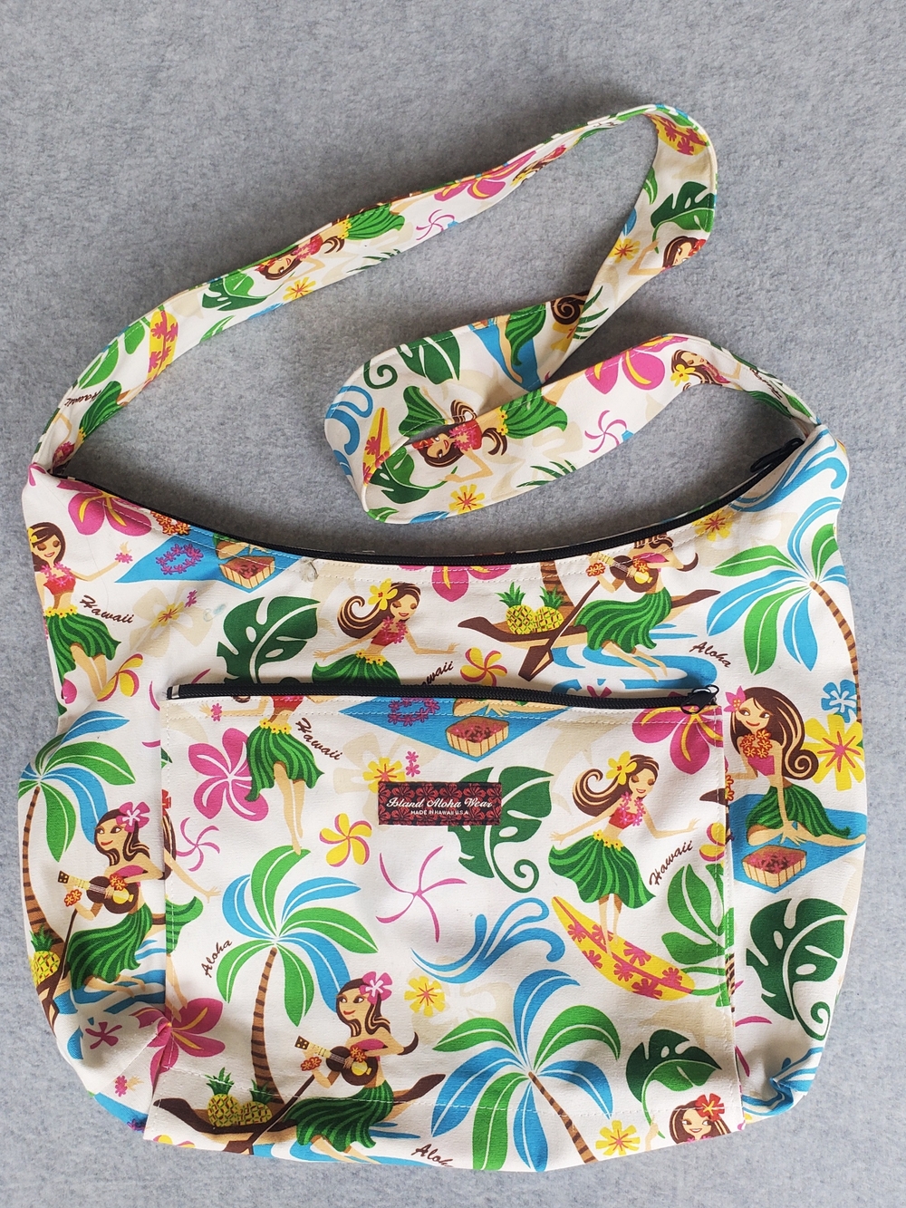 Aloha Island Cream Tropical Hula Crossbody Bag with Green & Pink Accents